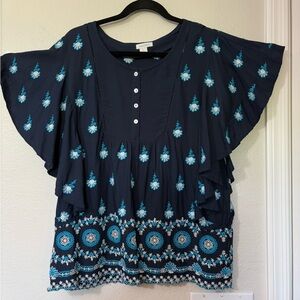 Sundance Viscose Navy Top w/ Embroidered Flowers, Button Front, Flutter Sleeves.